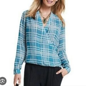 CAbi Windowpane Faux Wrap Blouse 3068 Women's L Teal Office Career Casual Retro